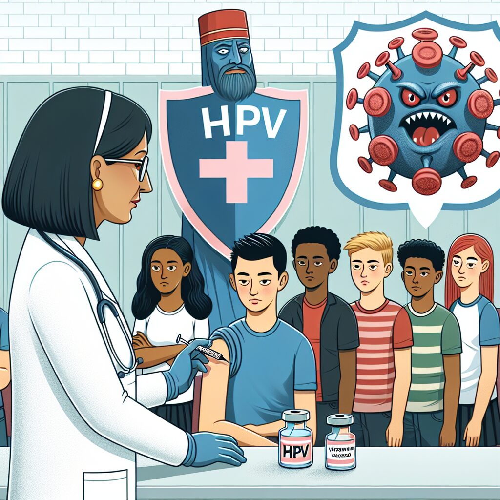 Illustration showing diverse group of teenagers in a school setting, receiving HPV vaccination from a healthcare professional, with a visual representation of HPV virus and shield symbol in the background.