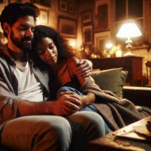 A couple sitting comfortably together on a couch, appearing relaxed and content, with an emphasis on a cozy domestic setting, gently illuminated by warm lighting, suggesting intimacy and understanding.