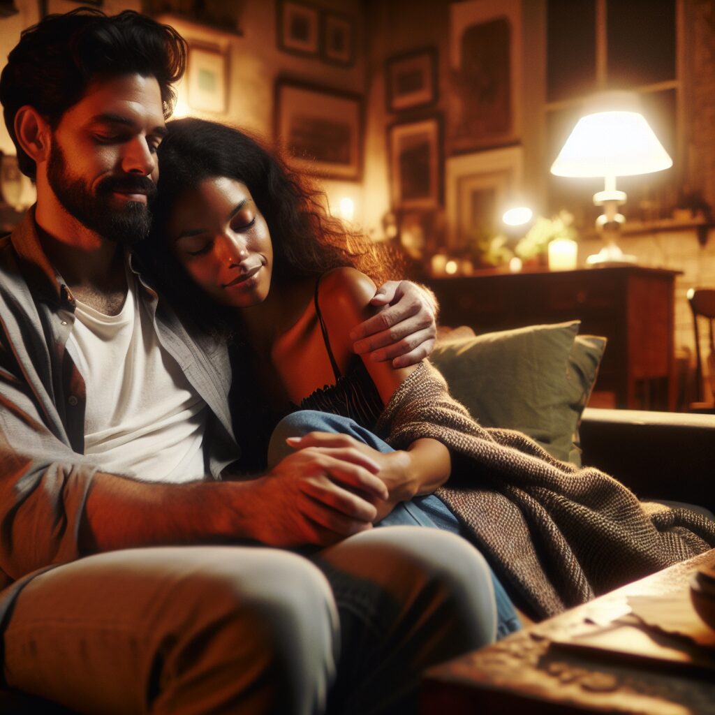 A couple sitting comfortably together on a couch, appearing relaxed and content, with an emphasis on a cozy domestic setting, gently illuminated by warm lighting, suggesting intimacy and understanding.