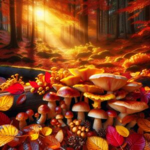 A vibrant autumn forest floor covered in various types of edible mushrooms like chanterelles, porcini, and shiitake, with sunlight filtering through the trees, giving a warm and inviting atmosphere appropriate for a health and wellness article.