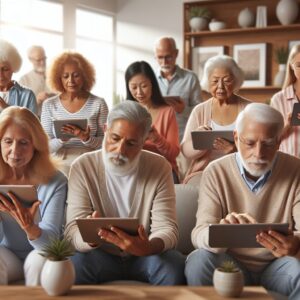 A group of elderly people engaging with a digital questionnaire on tablets in a bright, modern living room setting. They appear focused and are surrounded by warm, comforting decor. The image should convey a sense of community and active aging.