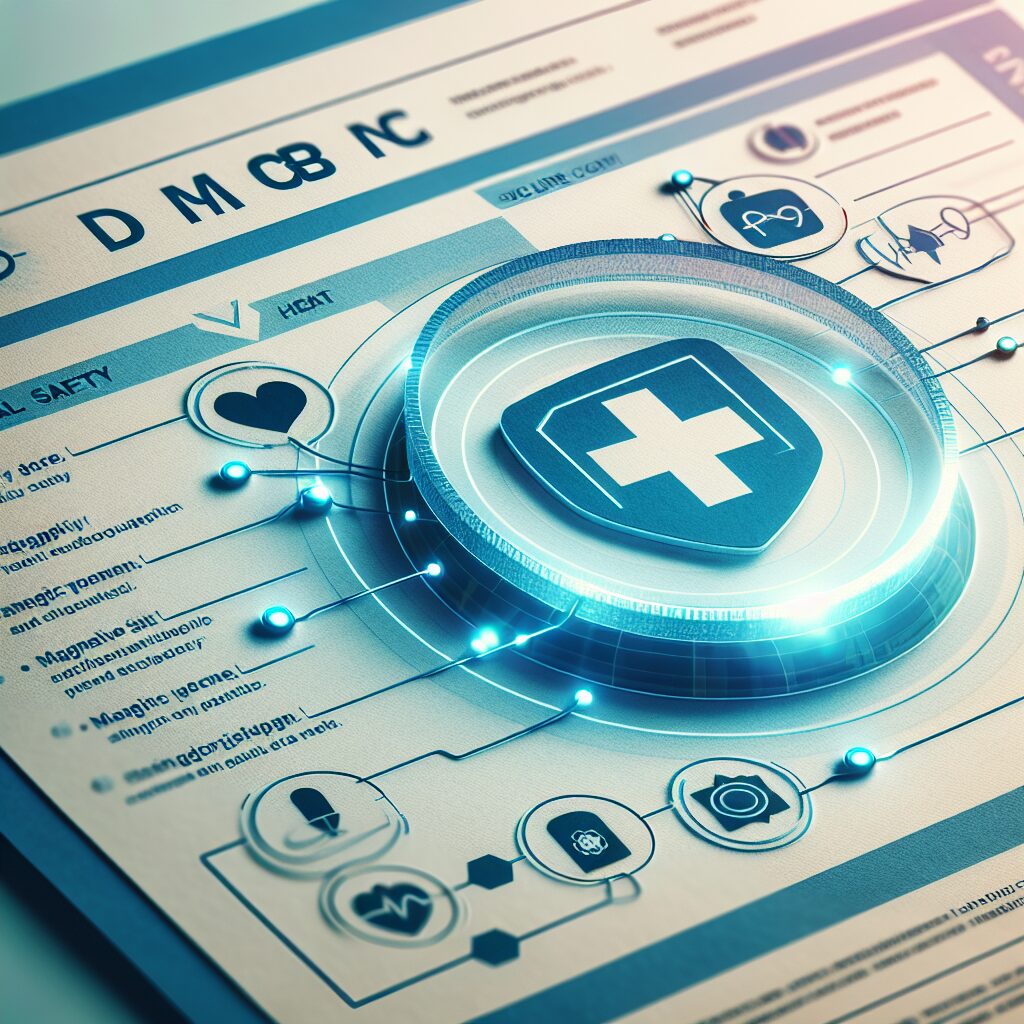 A close-up of a secure paper form with holographic and magnetic features, symbolizing safety and anti-fraud measures in a medical context, with healthcare icons in the background.