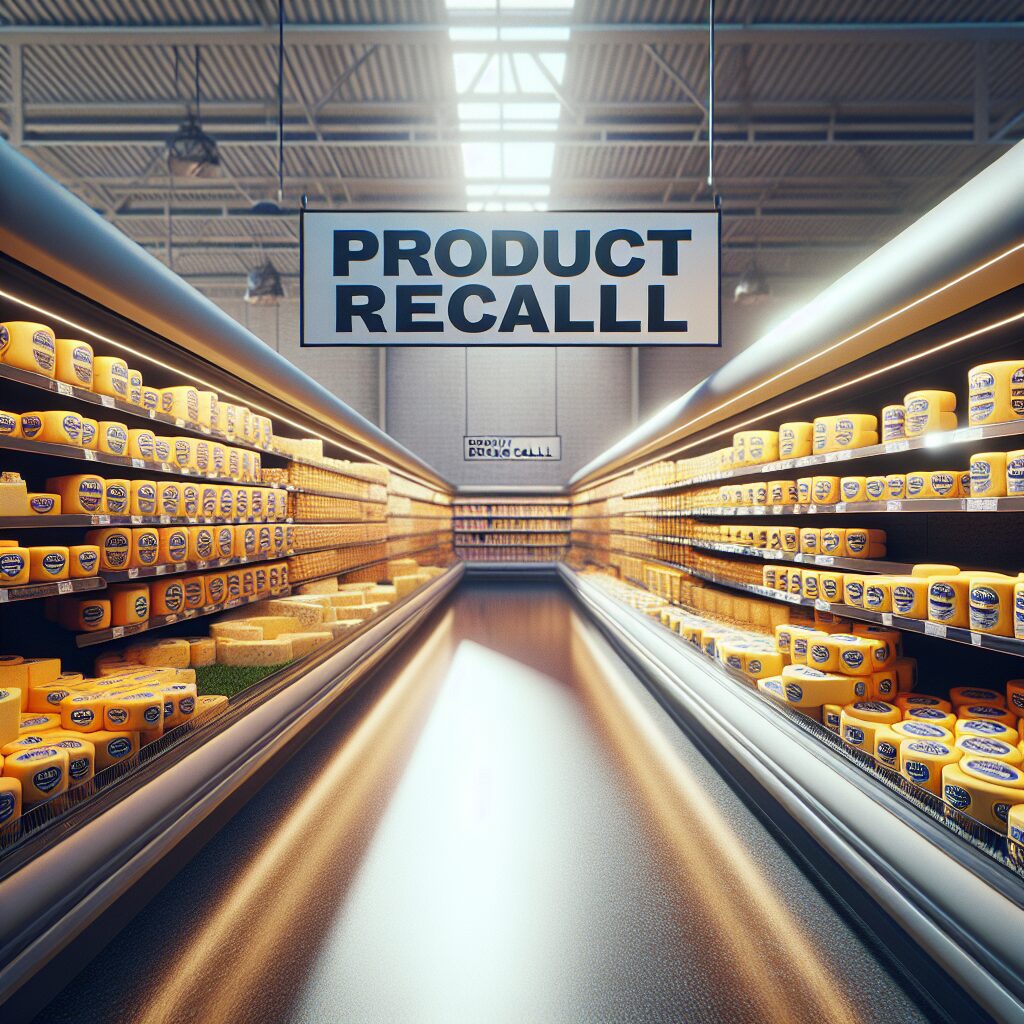 Un supermarché avec des rayons de fromage, des étiquettes de rappel de produit visibles et un sentiment de précaution sanitaire. Lumière naturelle, ambiance légèrement alarmante, photographie de haute qualité.