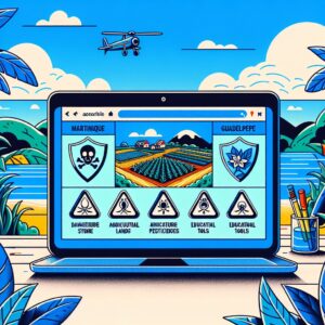 Un portail web accessible, illustrant les terres agricoles en Martinique et Guadeloupe, avec des symboles de danger liés aux pesticides et des outils pédagogiques. Ciel bleu et environnement tropical en arrière-plan.
