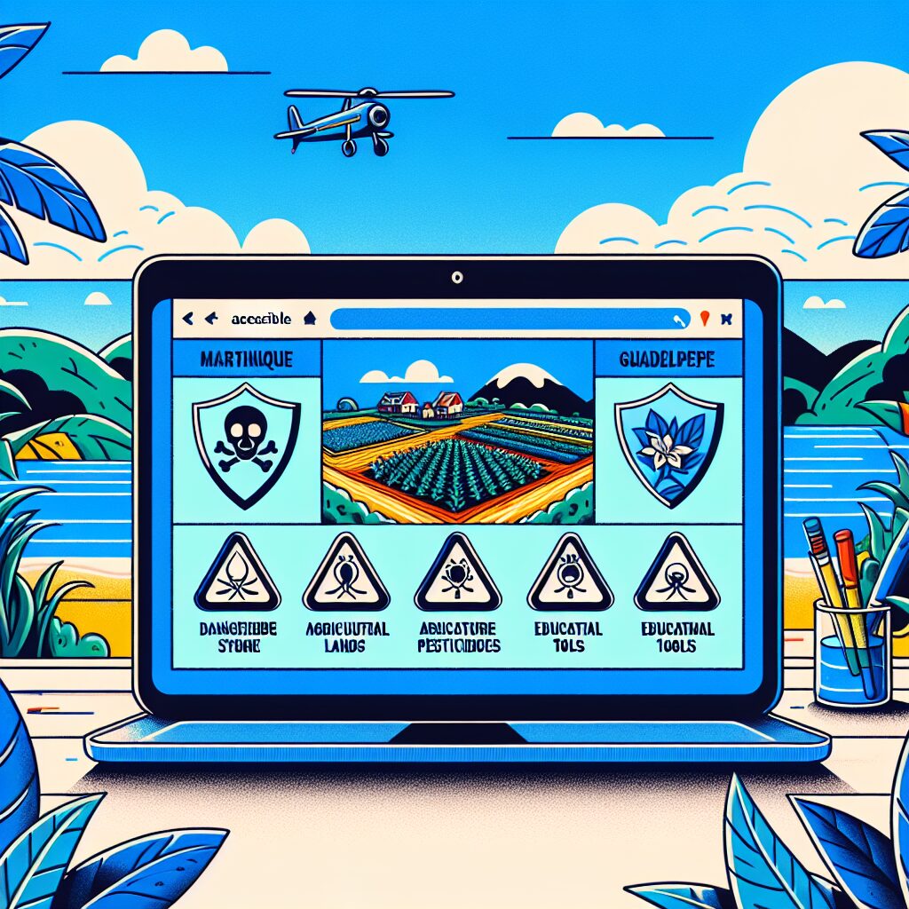 Un portail web accessible, illustrant les terres agricoles en Martinique et Guadeloupe, avec des symboles de danger liés aux pesticides et des outils pédagogiques. Ciel bleu et environnement tropical en arrière-plan.