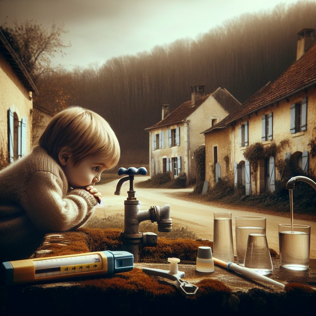 Enfant regardant un robinet d'eau fermé, ambiance de restriction, contexte rural, village de Saint-Martin-le-Beau, couleurs neutres, atmosphère de prudence sanitaire, outils de tests pour la qualité de l'eau à proximité.