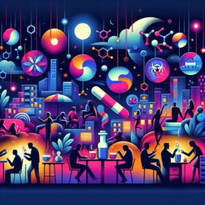 A conceptual image depicting the chemsex phenomenon, illustrating a night setting with abstract representations of synthetic drugs and social interactions. The mood should be both intriguing and alarming, showcasing the dual nature of the practice as both alluring and risky, with a focus on vibrant colors and dynamic compositions.