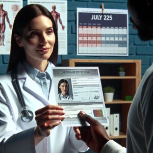 A detailed image depicting a medical office setting, with a doctor handing over a new, secure Cerfa paper form for a sick leave to a patient. The form should have visible security features like an holographic sticker and magnetic ink, symbolizing safety and authenticity. A calendar showing July 2025 in the background highlights the timeline of the policy change.