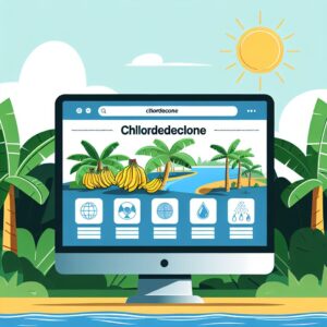 Illustration d'un portail web sur un écran d'ordinateur, mettant en avant des informations sur la chlordécone, avec des éléments représentant la nature polluée, comme des bananeraies et des rivières, sous un ciel ensoleillé des Antilles.
