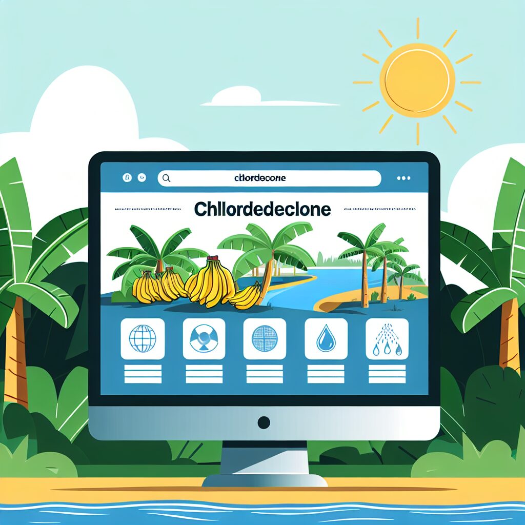 Illustration d'un portail web sur un écran d'ordinateur, mettant en avant des informations sur la chlordécone, avec des éléments représentant la nature polluée, comme des bananeraies et des rivières, sous un ciel ensoleillé des Antilles.