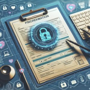 An illustration of a secure Cerfa paper form with holographic security features, ink magnification effects and electronic medical devices in the background, to depict the digital and paper-based medical documentation process.