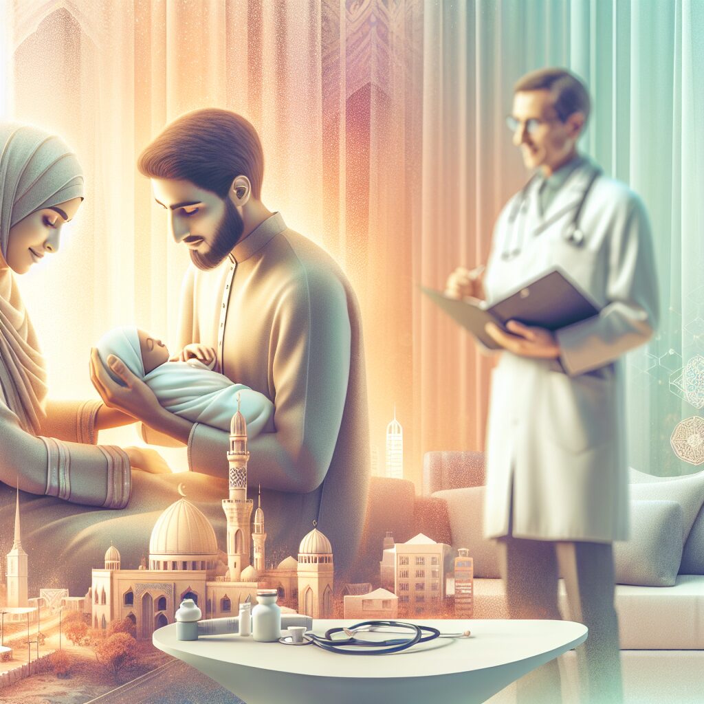 A comforting scene depicting a mother holding her newborn in a calm, serene setting while a healthcare professional explains a treatment. The emphasis should be on warmth, care, and protection, with soft, gentle colors.