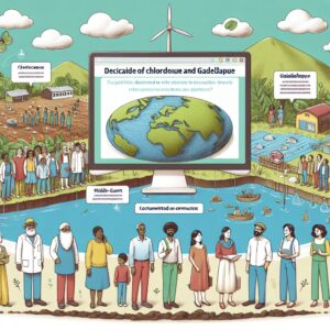 Une illustration éducative d'une plateforme numérique dédiée à l'environnement, mettant en avant les enjeux du chlordécone en Martinique et Guadeloupe, avec des éléments visuels montrant un sol contaminé, des rivières, et une communauté interagissant avec un site web.
