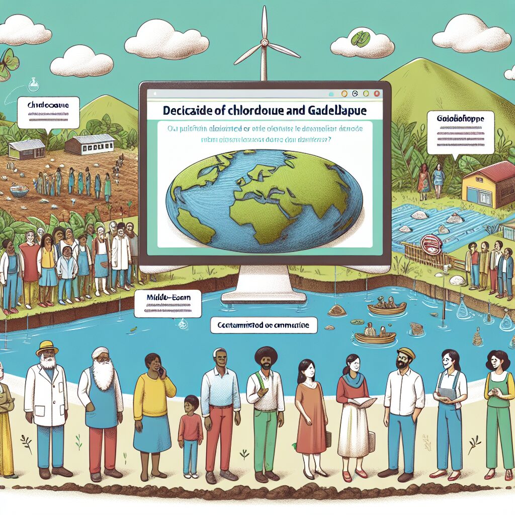 Une illustration éducative d'une plateforme numérique dédiée à l'environnement, mettant en avant les enjeux du chlordécone en Martinique et Guadeloupe, avec des éléments visuels montrant un sol contaminé, des rivières, et une communauté interagissant avec un site web.