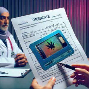 An official looking paper form with holographic sticker and magnetic ink, symbolizing security and authenticity, amidst a medical consultation scene with a doctor explaining a form to a patient. The setting conveys a professional and secure atmosphere in a clinical environment.