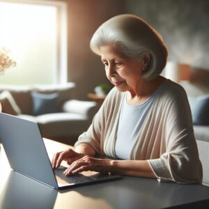 An elderly person sitting comfortably at a modern desk, engaged in filling out a digital questionnaire on a laptop or tablet. In the background, there is a serene home setting with ambient light spilling through a window, symbolizing a focus on health and autonomy in older age.