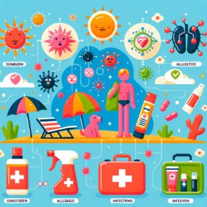 A vibrant summer scene showing various health risks like sunburns, allergies, and infections, with protective symbols such as sunscreen, inhalers, and first-aid kits, depicted in a friendly, educational illustration.