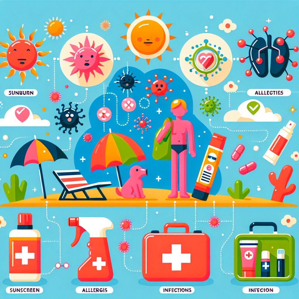 A vibrant summer scene showing various health risks like sunburns, allergies, and infections, with protective symbols such as sunscreen, inhalers, and first-aid kits, depicted in a friendly, educational illustration.