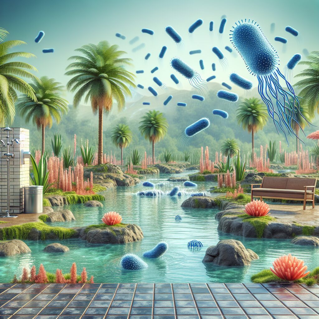 Illustration of Legionella bacteria in a fresh water source, showing the environmental conditions like warm water between 25°C and 45°C, with elements like shower heads and fountains in the background.