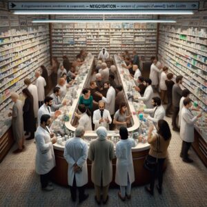 A busy French pharmacy interior, with pharmacists discussing behind the counter, symbolic shelves filled with generic medicines, capturing the essence of negotiation and community health efforts.