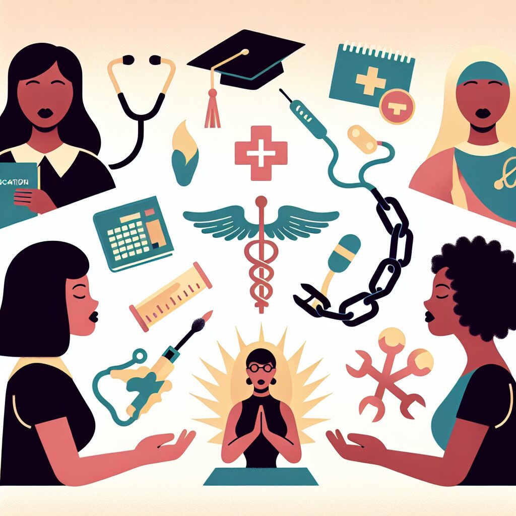 An informative illustration symbolizing women's empowerment through informed choices regarding contraception and abortion, featuring symbols of education, healthcare, and personal freedom.