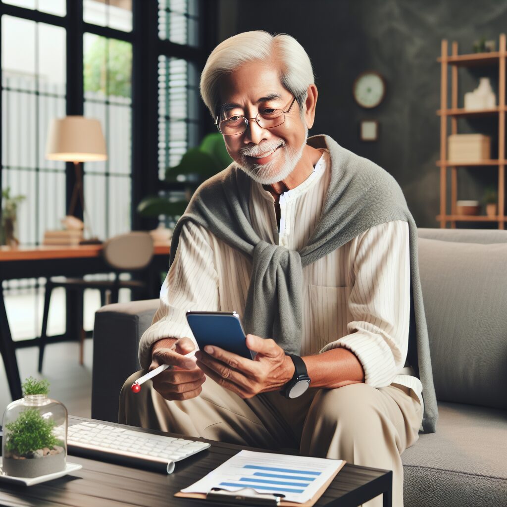 A serene elderly person happily using a smartphone or computer to answer a health-related questionnaire, set in a modern and cozy living room.
