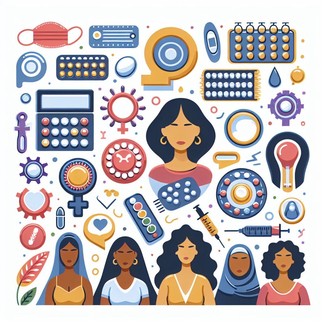 Illustration représentant divers moyens de contraception et des symboles de droits des femmes, avec une touche de modernité et de diversité culturelle, style informatif et engageant, couleurs vives.