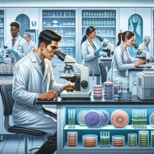 A detailed illustration of a medical lab with scientists analyzing samples, focusing on legionella bacteria, in a modern laboratory setting.