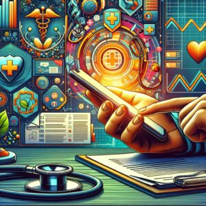 A digital illustration showing a person checking their email on a smartphone with the Assurance Maladie logo visible. The background shows various symbols of healthcare like a stethoscope, medical documents, and a computer screen displaying graphs. The theme is modern and informative, suitable for a news article on health insurance communication.