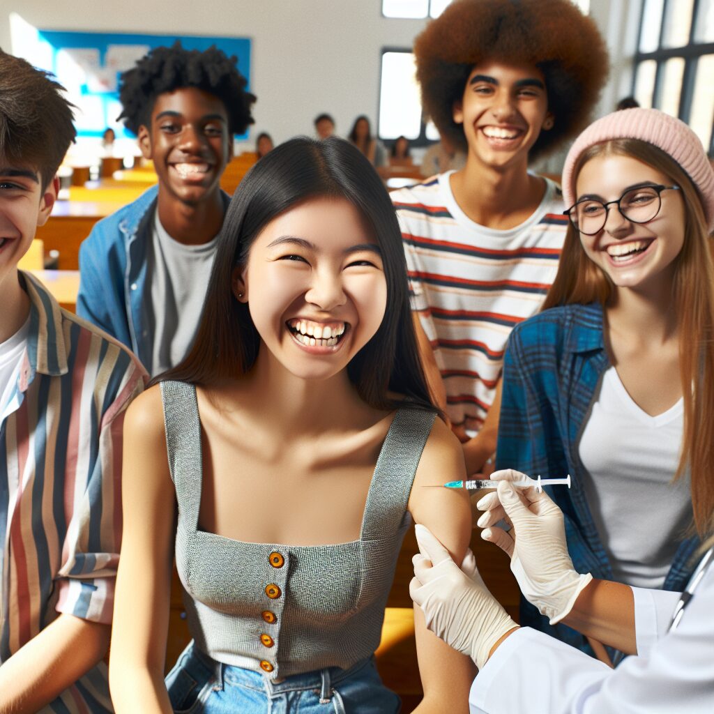 A diverse group of young adolescents happily receiving a vaccination at school, with a healthcare professional administering the vaccine. Bright and hopeful atmosphere reflecting a positive healthcare initiative.