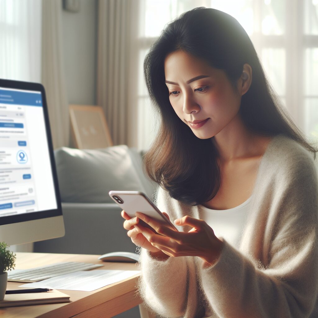 A digital illustration of a person checking their smartphone for notification emails from a health insurance agency. The background shows a peaceful domestic setting, with soft light coming from a window, and a computer displaying a webpage of the health insurance portal on a desk.