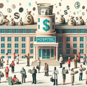 A hospital scene showing a symbolic representation of community funding with a hospital building surrounded by people and money signs, illustrating citizens contributing financially to healthcare.