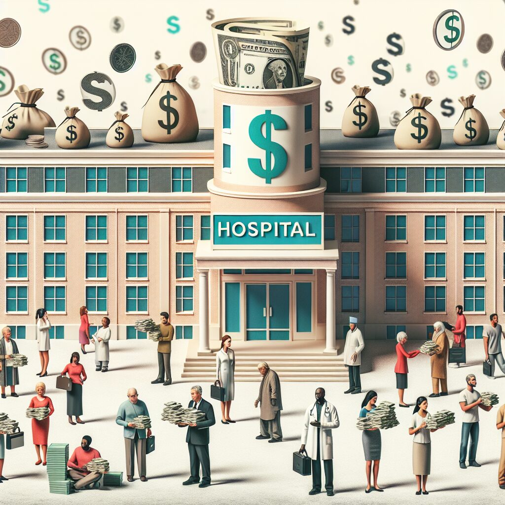 A hospital scene showing a symbolic representation of community funding with a hospital building surrounded by people and money signs, illustrating citizens contributing financially to healthcare.