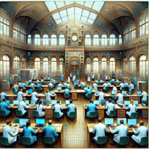 Medically-themed image illustrating doctors under surveillance in an office, with a subtle background suggesting oversight by insurance authorities, set in a Northern French town.