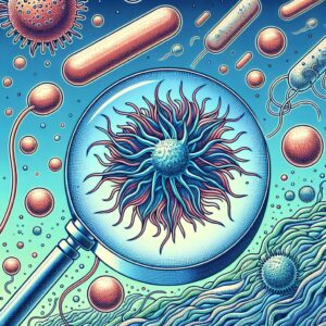A detailed illustration of the Legionella bacterium, magnified 800 times, surrounded by a microscopic view of droplets evaporation which are common vectors for spreading the bacteria. Vibrant color contrast with a medical theme focus.