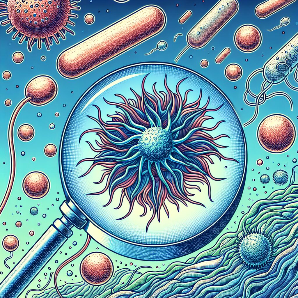 A detailed illustration of the Legionella bacterium, magnified 800 times, surrounded by a microscopic view of droplets evaporation which are common vectors for spreading the bacteria. Vibrant color contrast with a medical theme focus.