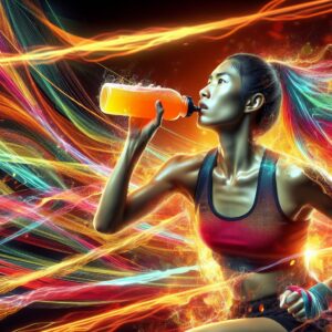 An athlete in a competitive setting rehydrating with an electrolyte drink, showing vibrant colors and a dynamic background representing sports energy.