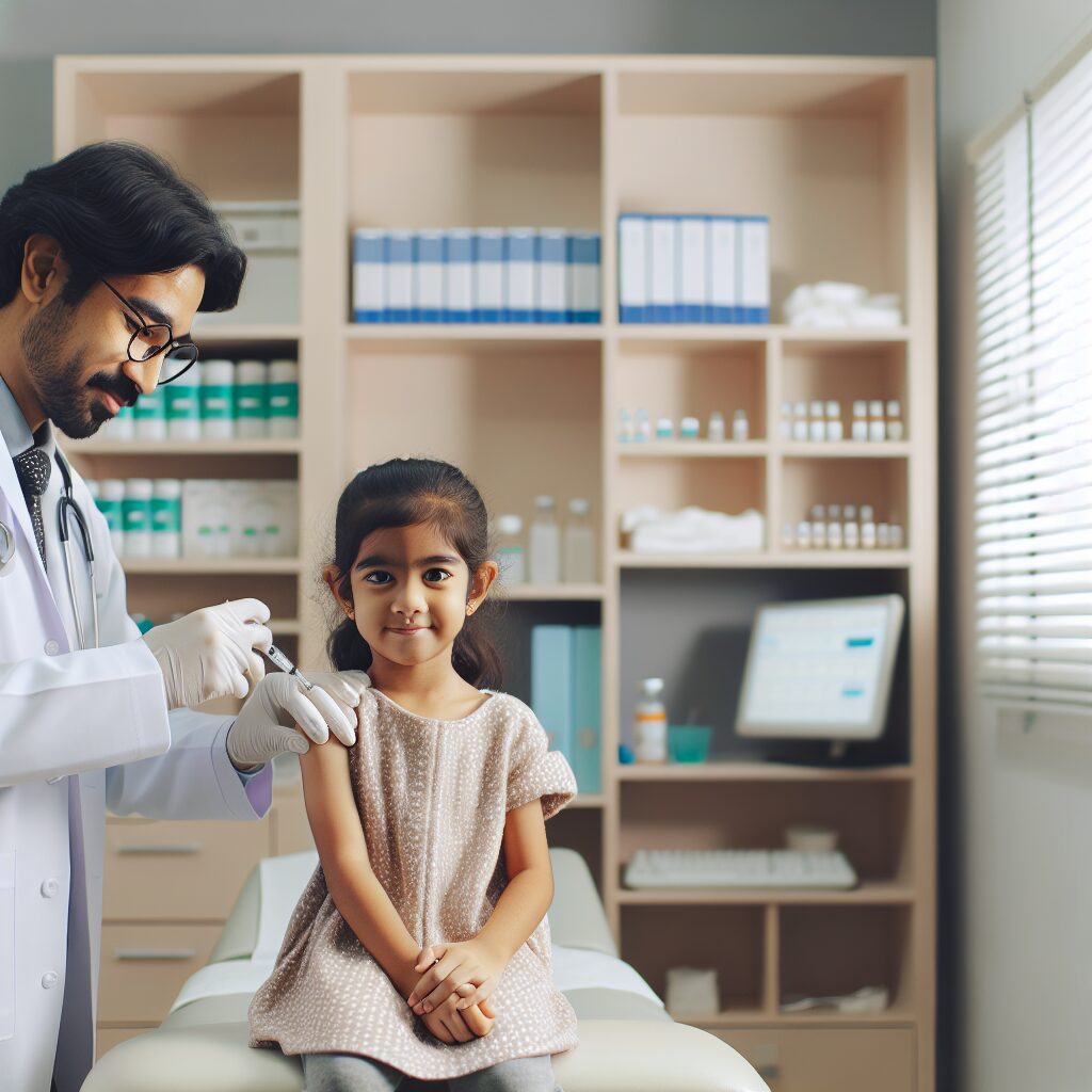 A young child at a doctor's office getting vaccinated, representing health and prevention, bright and hopeful atmosphere.