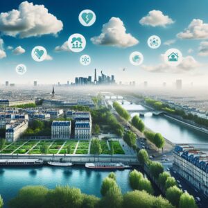 Image montrant une vue panoramique de Paris avec un ciel clair, mettant en évidence la Seine, des bâtiments emblématiques et des espaces verts indiquant une réduction de la pollution de l'air en arrière-plan. Inclure des icônes de santé et d'économie symbolisant les bénéfices économiques et sanitaires.