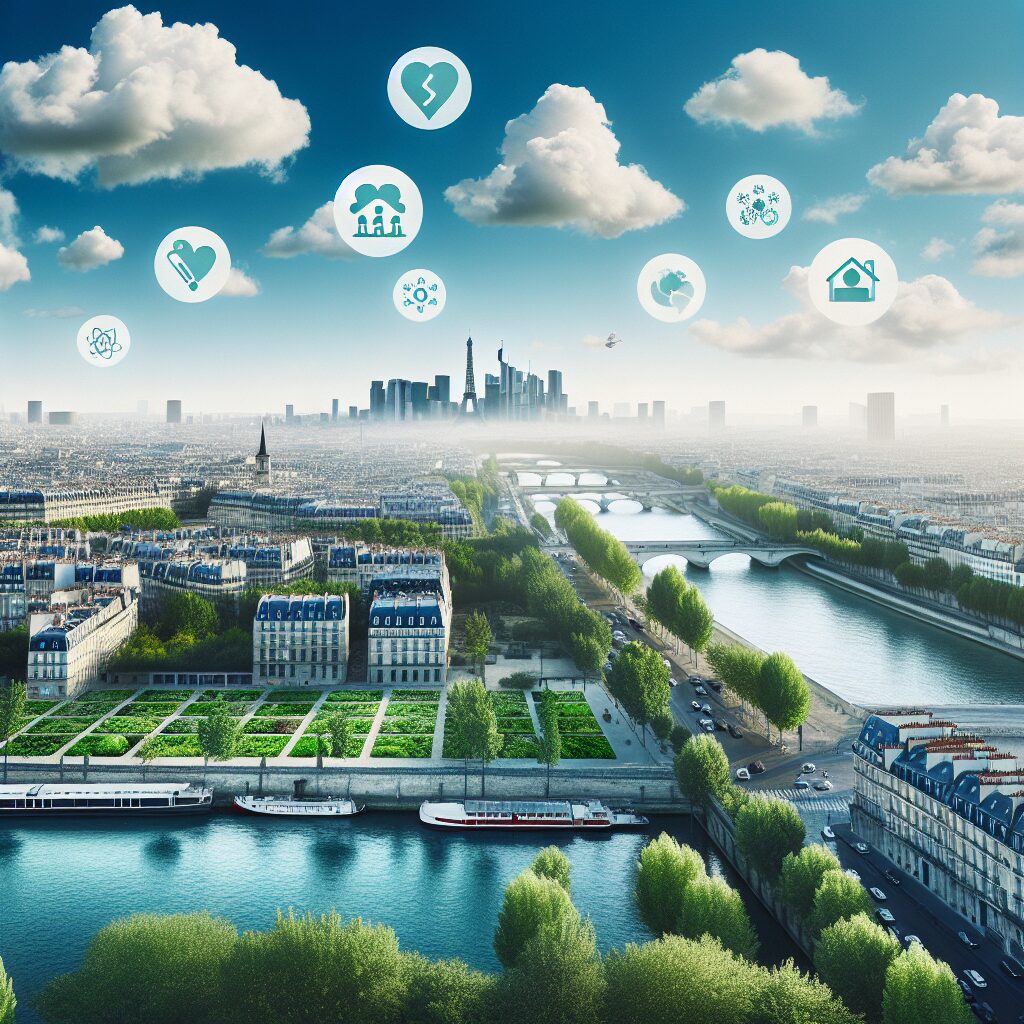 Image montrant une vue panoramique de Paris avec un ciel clair, mettant en évidence la Seine, des bâtiments emblématiques et des espaces verts indiquant une réduction de la pollution de l'air en arrière-plan. Inclure des icônes de santé et d'économie symbolisant les bénéfices économiques et sanitaires.