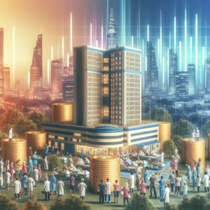A large hospital in a modern city setting, showcasing teamwork between healthcare workers and citizens, people gathering to contribute funds symbolized by stacks of coins and a digital platform, warm and hopeful lighting.