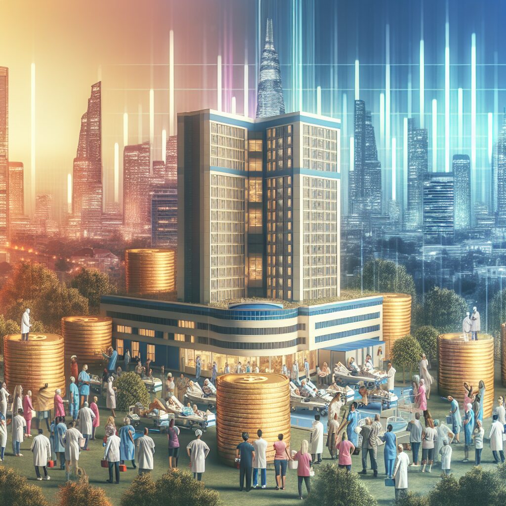 A large hospital in a modern city setting, showcasing teamwork between healthcare workers and citizens, people gathering to contribute funds symbolized by stacks of coins and a digital platform, warm and hopeful lighting.