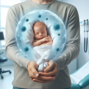 Un nourrisson protégé dans les bras d'un parent, entouré d'une légère brume bleutée symbolisant une protection contre les virus. Arrière-plan flou d'un cabinet médical avec des couleurs apaisantes.