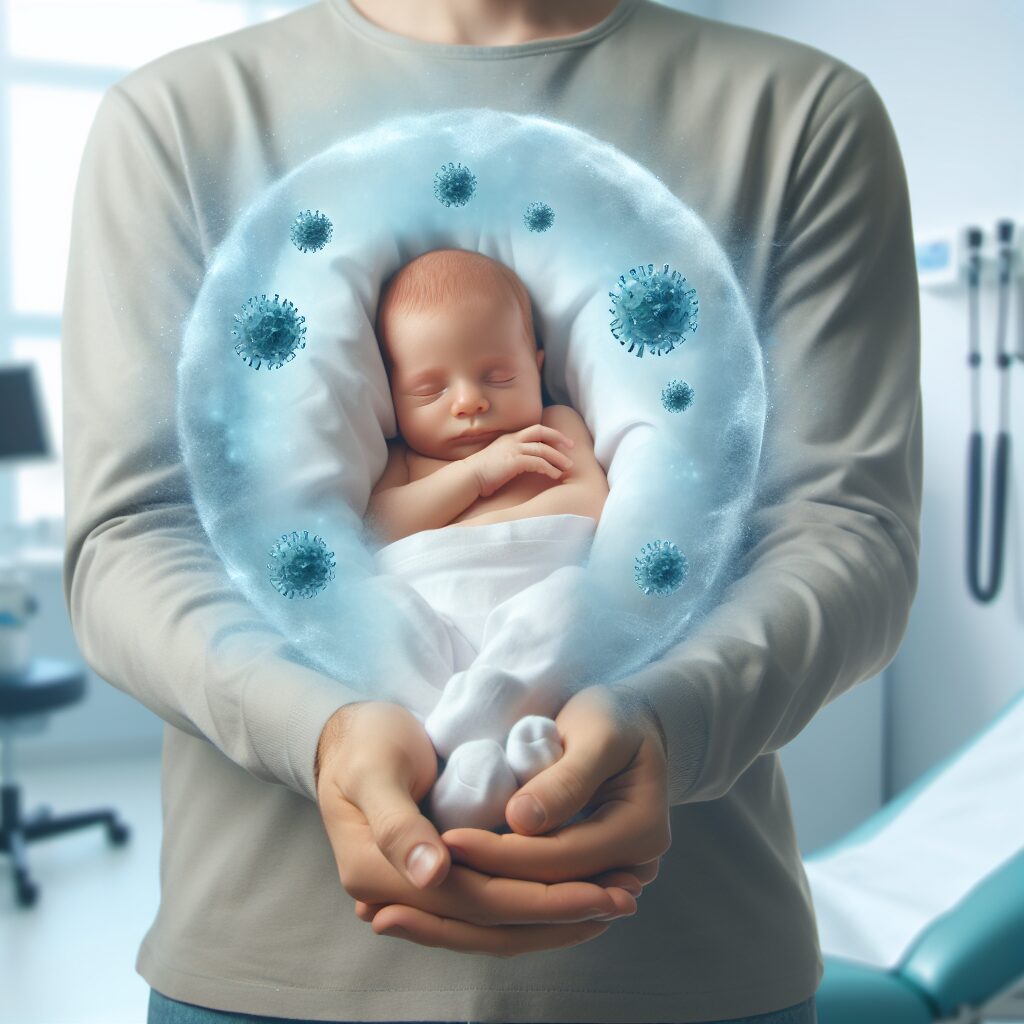 Un nourrisson protégé dans les bras d'un parent, entouré d'une légère brume bleutée symbolisant une protection contre les virus. Arrière-plan flou d'un cabinet médical avec des couleurs apaisantes.