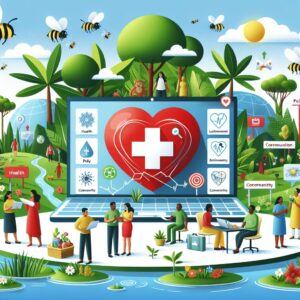 An informative and educational illustration representing an online portal providing information and prevention strategies about the pesticide chlordecone, with elements symbolizing health, environment, and community outreach in a tropical island setting.