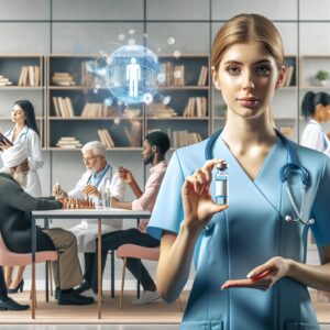 A medical professional holding a vial of Lenacapavir in a modern, clean medical facility, with a background showing a diverse group of people engaging in community activities, symbolizing global health impact and accessibility.