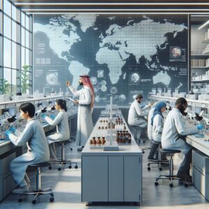 A modern laboratory in Tours, France, with scientists analyzing medicine samples, surrounded by high-tech equipment and world maps on the wall, depicting global counterfeit medicine detection efforts.