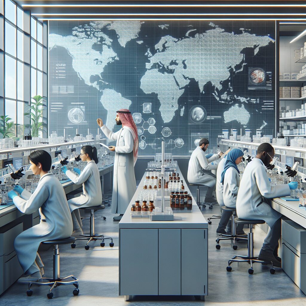 A modern laboratory in Tours, France, with scientists analyzing medicine samples, surrounded by high-tech equipment and world maps on the wall, depicting global counterfeit medicine detection efforts.