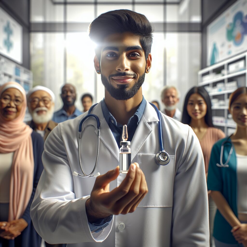 A pharmacist holds a vial of lenacapavir, a groundbreaking injectable drug for HIV prevention, in a healthcare clinic. The setting showcases hope and accessibility, with diverse group of people, including women and men from Africa and Asia, gathering in anticipation of the drug's availability. Bright, hopeful atmosphere in a medical environment.