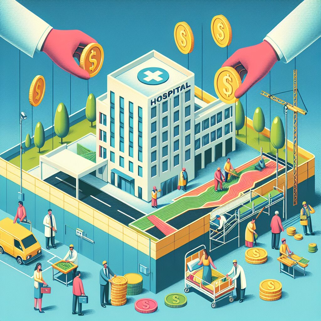 Image d'un hôpital en rénovation, avec des citoyens apportant des contributions financières symbolisées par des pièces et des billets, le tout dans un style moderne et engageant.